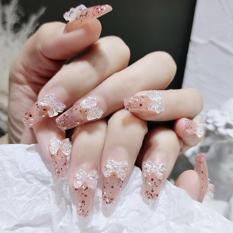 Autumn French False Nails with Butterfly Pearl Decor Bride Fake Nail Wearable Press on Nails Coffin Ballet Nail Tips for Girls S2