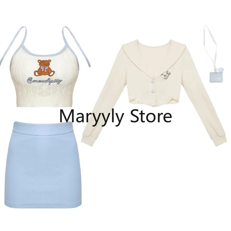 Autumn Japanese Long Sleeve Slim 3 Piece Dress Set Women Kawaii Clothing Pure Color Cardigan + Mini Skirts Fashion Suits