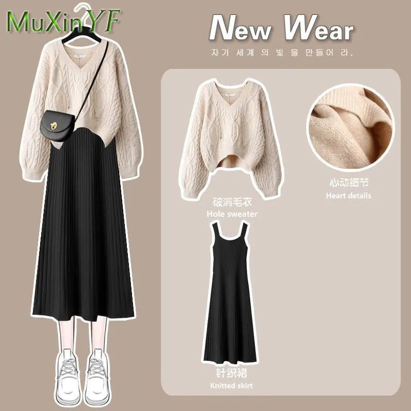 Women's Autumn Winter New Fashion V-Neck Sweater Knitted Dress Two Piece Korean Elegant Top Skirt Matching Set Female Suit