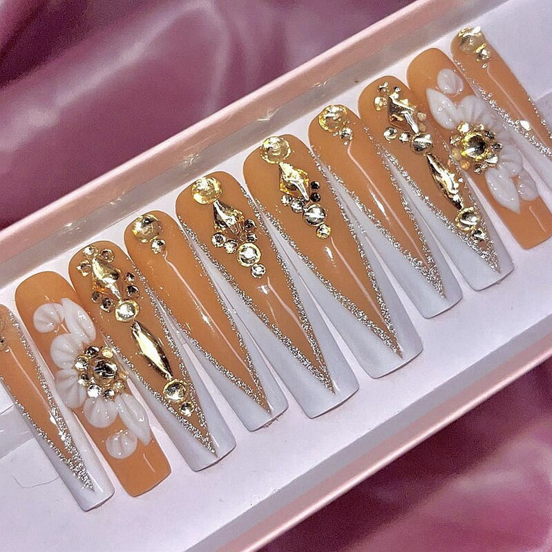 Handmade Luxury 3XL Full Cover False Nail Tips Glittery Rhinestone Press On Nails Y2K Reusable XXL XL Long Fake Nail With Glue Style7 SizeXS