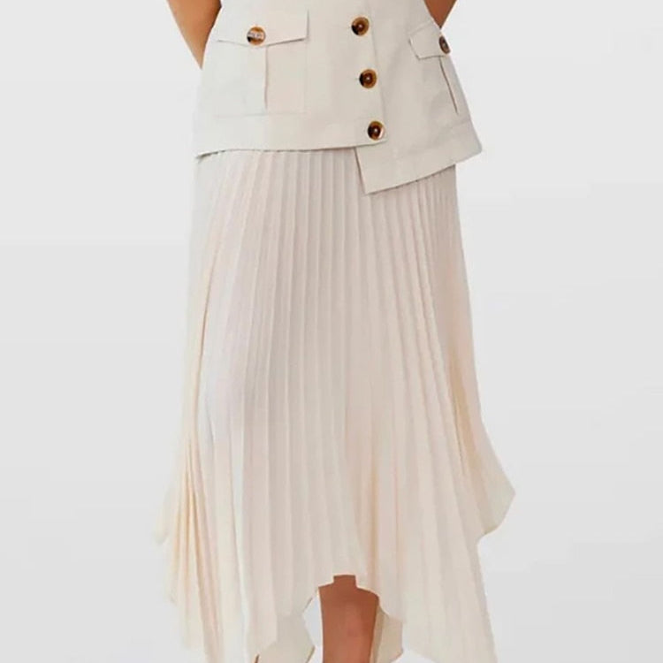 Fashion Women's Skirt High Waist Spliced Single Breasted Pleated Irregular Solid Color Long Skirts Spring 2023 New 17A6142