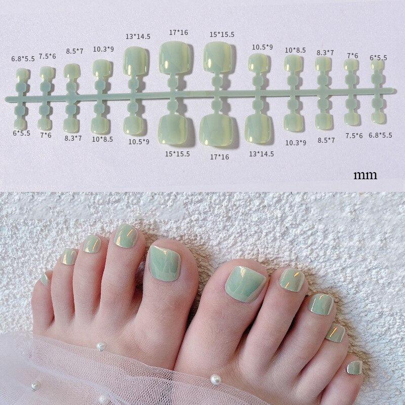 False Toenail 24Pcs/Box Toe Nail 3D Glitter Decor Press On Fake Nails With Glue Detachable Square Short Full Cover DIY Nail Tips