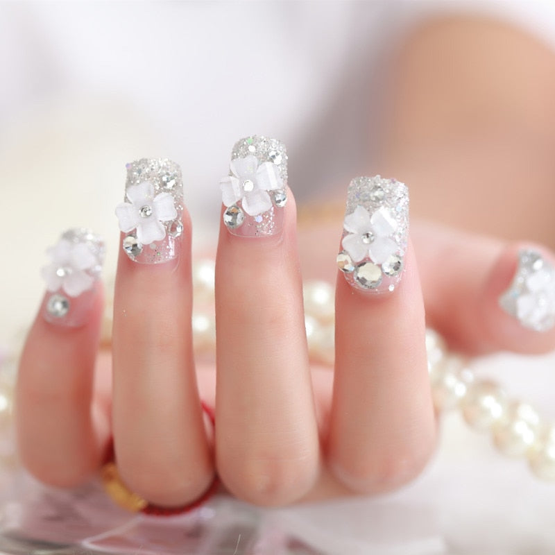 24Pcs/box Luxe Shining Rhinestone Wedding False Nails Transparent Glitter Gems Crown Designed Square Full Short Fake Art Bride 91