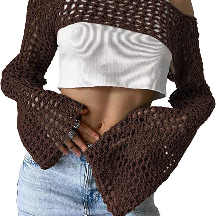 Summer Long Sleeve Smock Knitted Crop Top Women Y2k Beach Sexy Backless Hollow Out T Shirts Green Party Casual Pullovers Coffee
