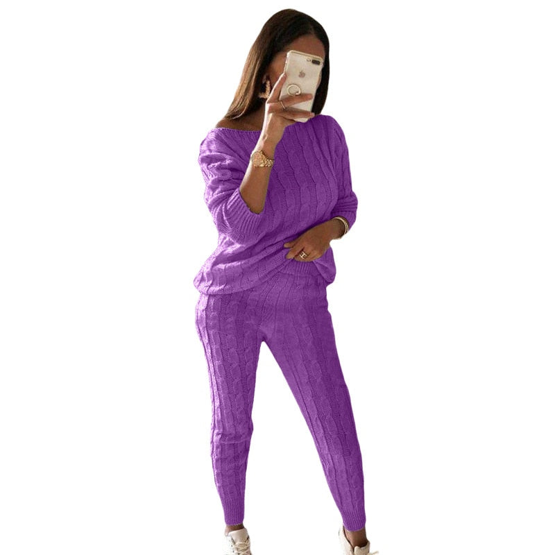 New Autumn Winter Women Knitted Tracksuit Two Piece Set Female Sweater Tops + Elastic Waist Pant Knitted Suit Women Outfits