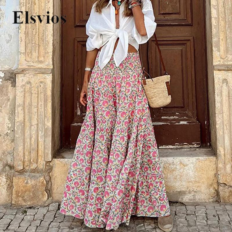 Summer Loose Hem Elastic Wasit Long Skirt For Women Casual Beach Styly Boho Skirt Lady Vintage Floral Print Holiday Beach Skirts