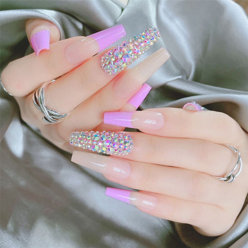 24Pcs/Box White French Fake Nails Press on Long XL Length Rhinestone Design False Nails Full Cover Acrylic Nail Tips