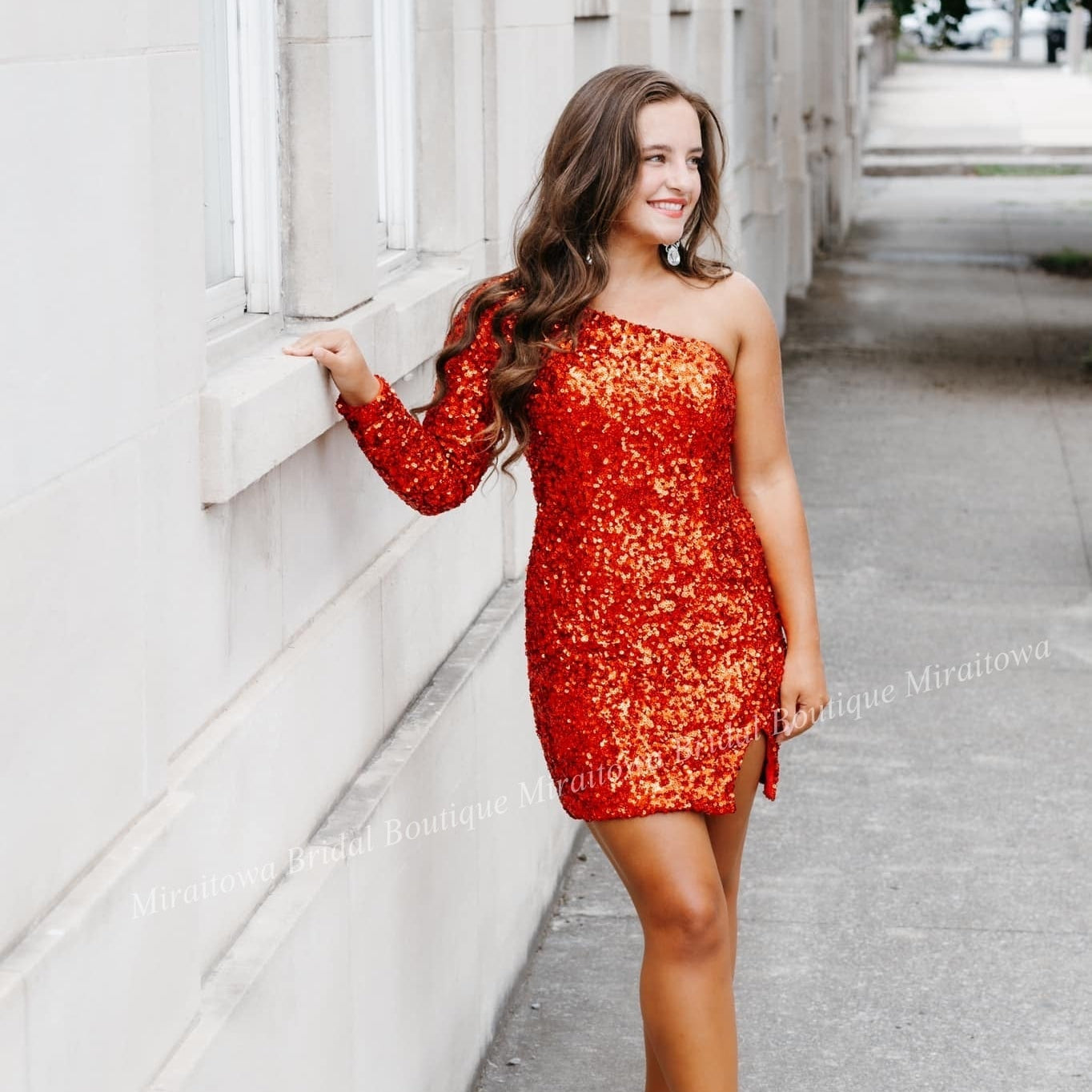 Pink Sequin Mini Cocktail NYE Dress Long Sleeve Lady Formal Event Homecoming Party Gown Club Night Hoco Gala One-Shoulder Red