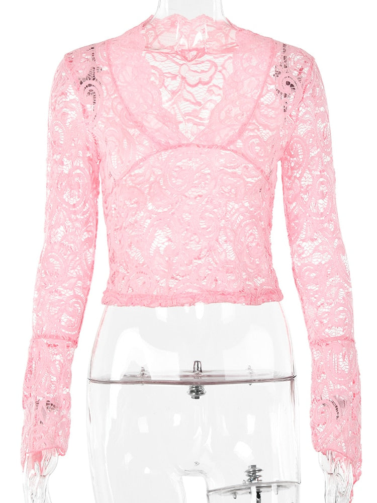 JULISSA MO See Through V-neck Long Sleeve Lace Skinny Tops Outfits Women 2023 Summer Party Club T-Shirts Tees Club Party Clothes