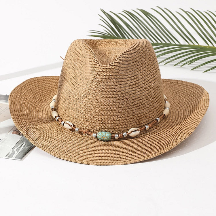 Women Pink Tassel Cowboy Hat Floppy Beach Hats Summer Straw Hats Ladies UV Protection Hat Panama Sun Hat camel 2
