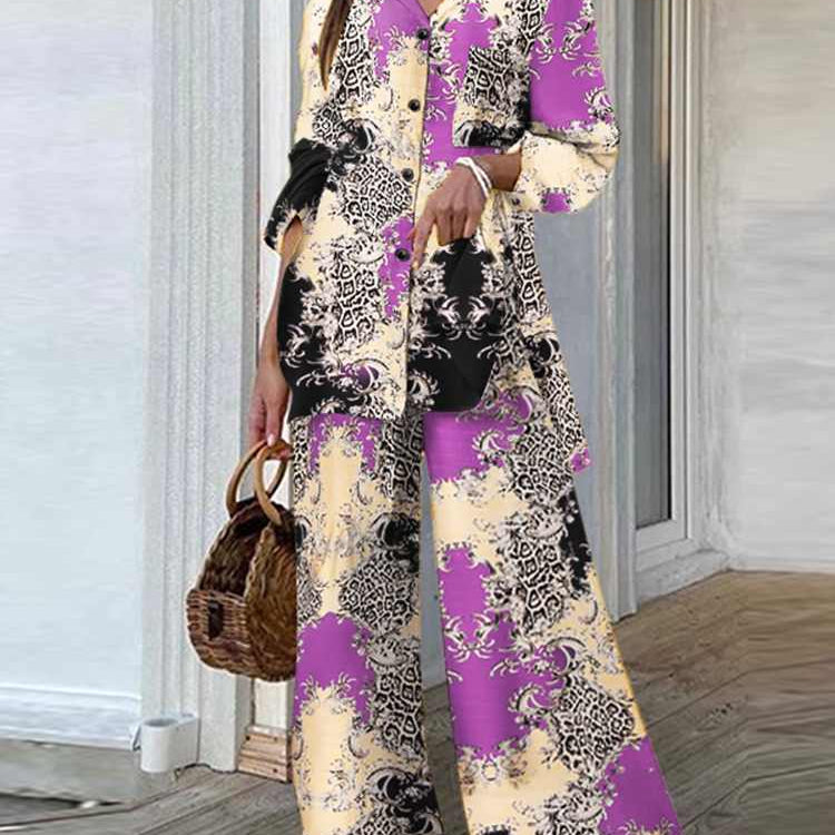 Fashion Women Leopard Print Pant Sets Casual Loose Tops and Pant Outfits Autumn Wide Leg Pant Leisure Two Piece Sets (Printed 1)Purple
