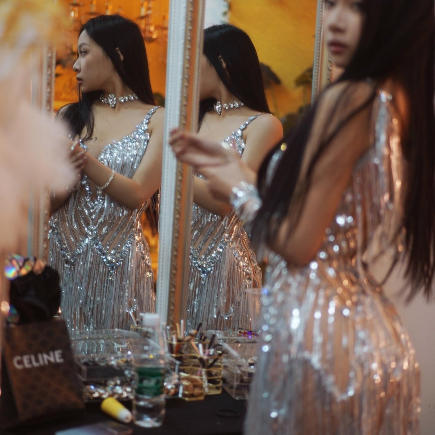 Sparkly Rhinestones Fringes Dresses for Women Sexy Mesh Performance Dance Costume Gorgeous Stage Wear Club Outfit Muyuye