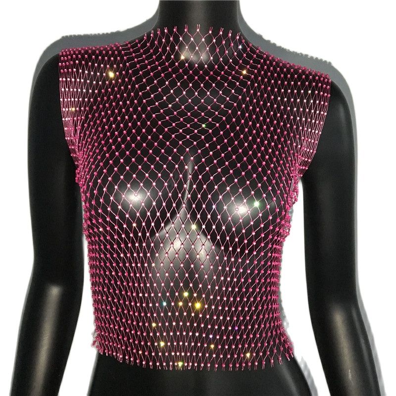 Women's Fishnet Rhinestone Crop Top 2023 Summer Sexy Mesh High Elastic Black White Shirt Net See Through Rave Diamond Tank Top Rose red O neck