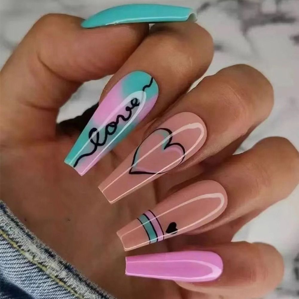 Pink Cow Design False Nail French Full Cover Long Coffin Fake Nails Glue DIY Manicure Nail Art Tools press on nails nail tips new2