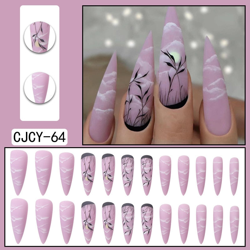 Black Comic Hand Drawn Pattern Wearable Nail Art Glossy Purple Long Ballet Detachable Finished False Nails Press on Nails MT803CJCY64