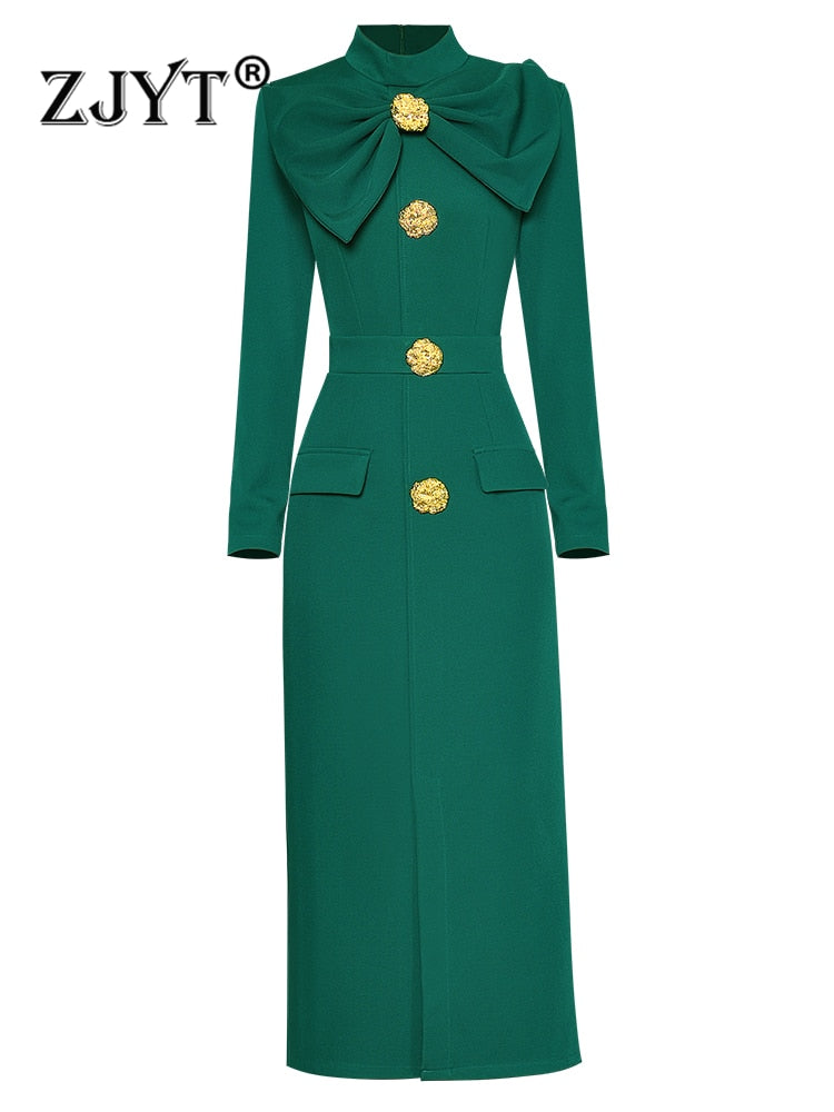 Runway Autumn Midi Dresses for Women Elegant Black Green Vestidos Long Sleeve Straight Party Robe Femme Plus Size XXL Green