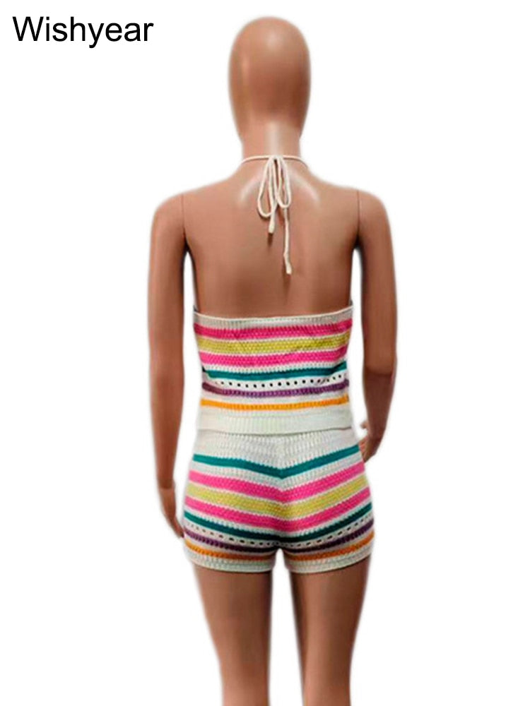 Wishyear Sexy Backless Halter Crop Top and Shorts Suit Two Piece Sets for Women Tracksuit Knitted Crochet Co Ord Summer Outfits