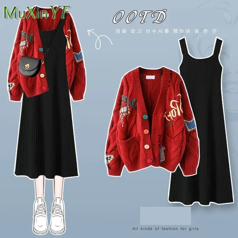 Women's Autumn/Winter New Fashion Knitted Sweater Dress Matching Set Korean Elegant Cardigan Sling Skirt Two Piece Suit