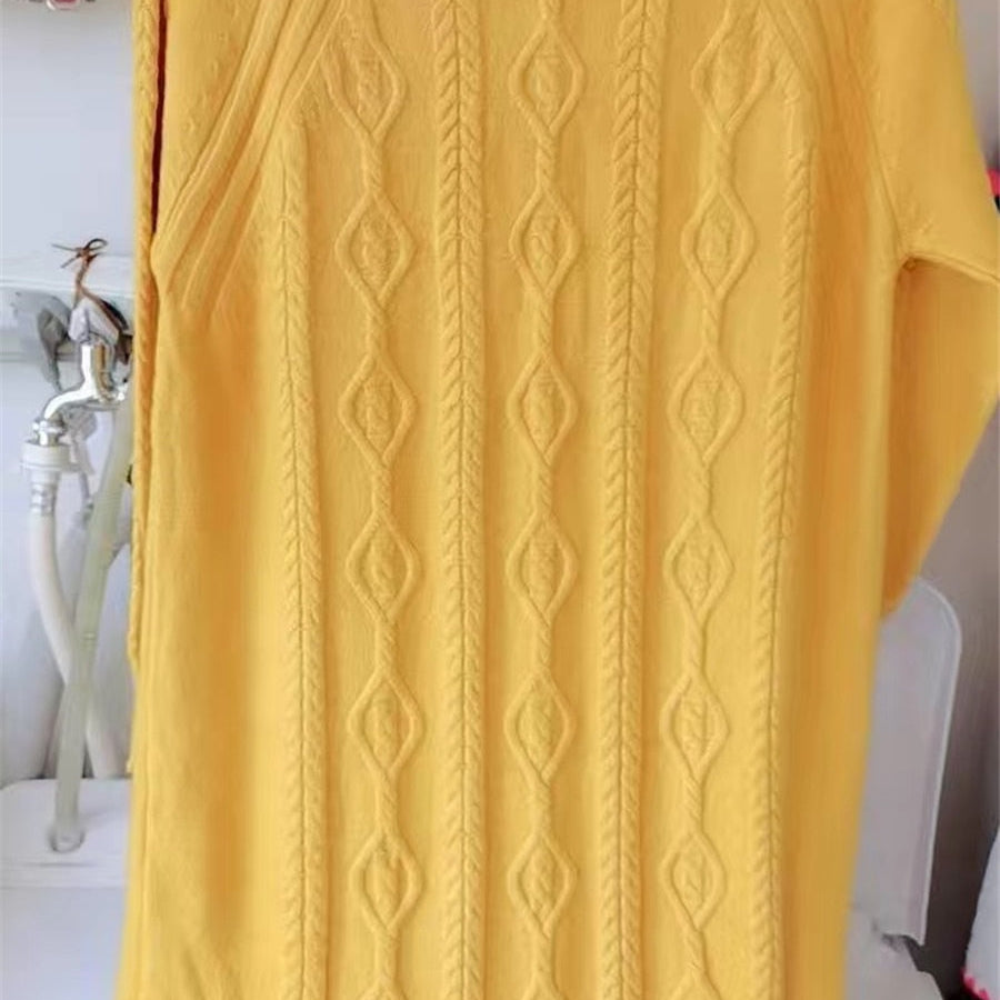 Winter Thicken Plus Velvet Sweater Dress Women's Fall Mock Neck Rib Knit Bottoming Dresses Elegant Warm Vestido Midi With Coats yellow