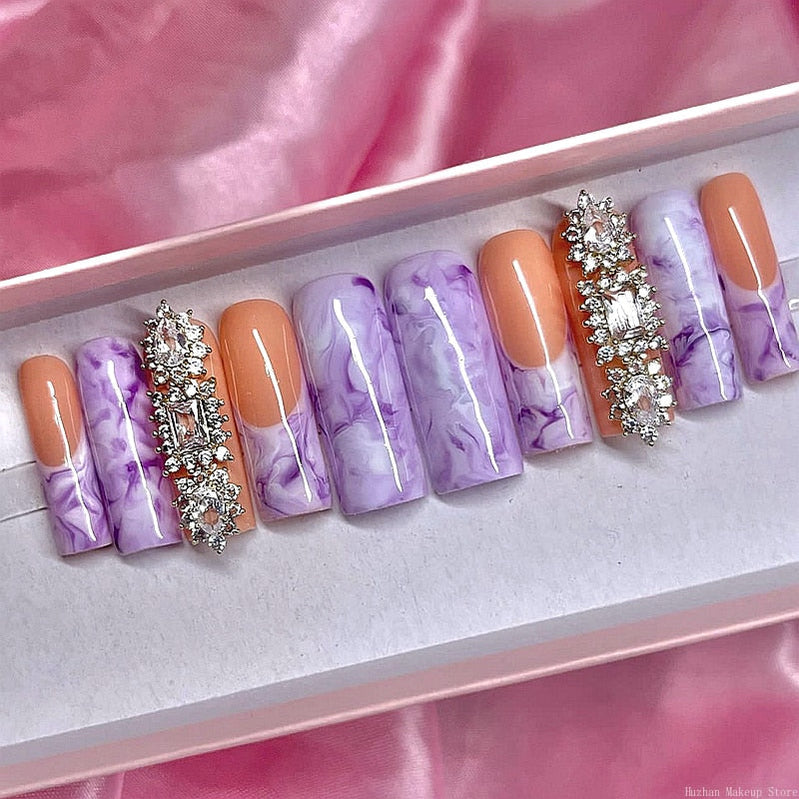 Handmade Luxury 3XL Full Cover False Nail Tips Glittery Rhinestone Press On Nails Y2K Reusable XXL XL Long Fake Nail With Glue