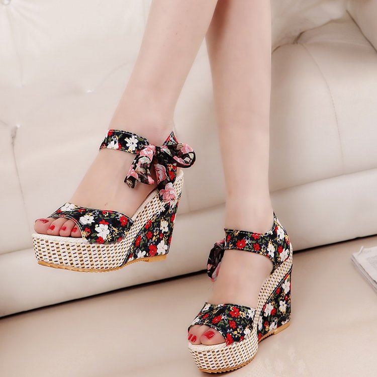 Hot Lace Leisure Women Wedges Heeled Women Shoes Summer Sandals Party Platform High Heels Shoes Woman 88black