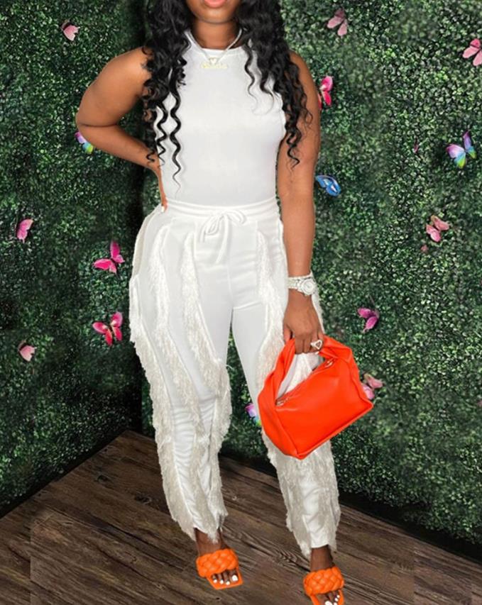 Fashion Solid Romper Casual Tank Top & Tassel Decor Drawstring Pants Set Skinny Tank Jumpsuits Summer Female Outfit Streetwear D