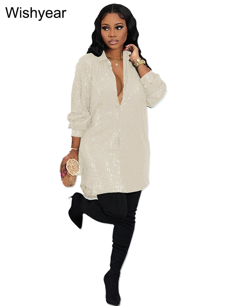 Elegant Evening Party Short Shirt Dress for Women Outfit Luxury Sequin Long Sleeve Spring Fall Birthday Club Dresses Vestidos Beige