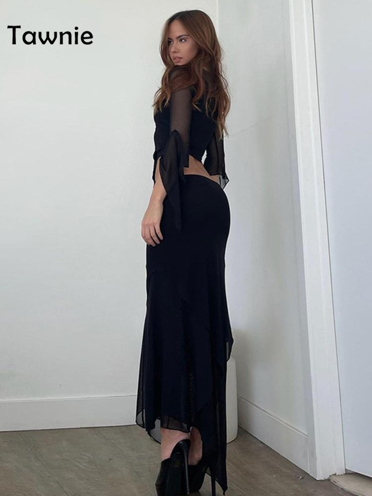 Tawnie Y2K Mesh Skirt 2 Pieces Sets Women 2023 Summer Casual V Neck Long Sleeve Crop Top Bodycon Maxi Skirt Matching Sets Outfit
