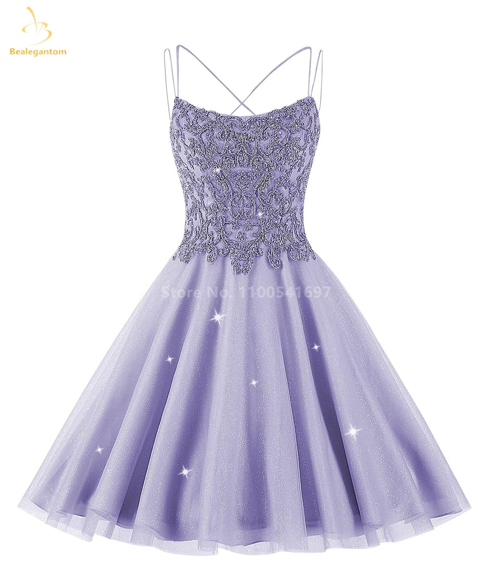 Bealegantom Lace Beaded Spaghetti Homecoming Dresses Sparkly Tulle Pageant Short Prom Party Cocktail Gown Vestidos De Graudation