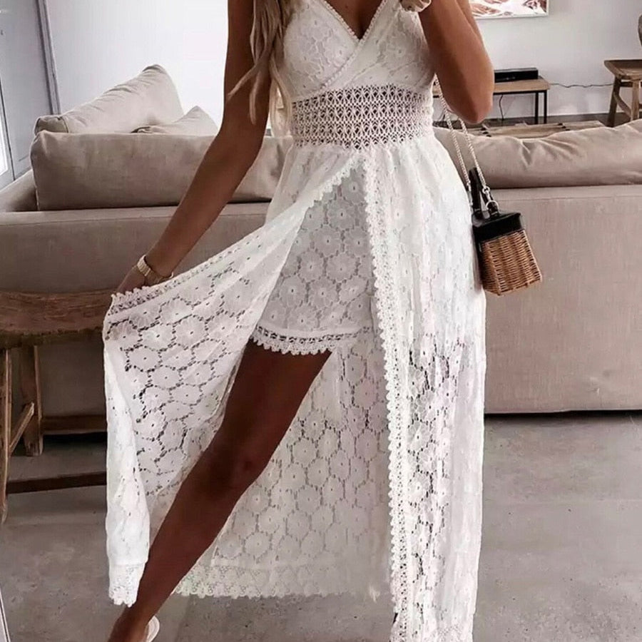 Summer V Neck Solid Color Lace Hollow-Out Sleeveless Sling Party Wear High Waist Rompers Holiday Casual White Women's Jumpsuit