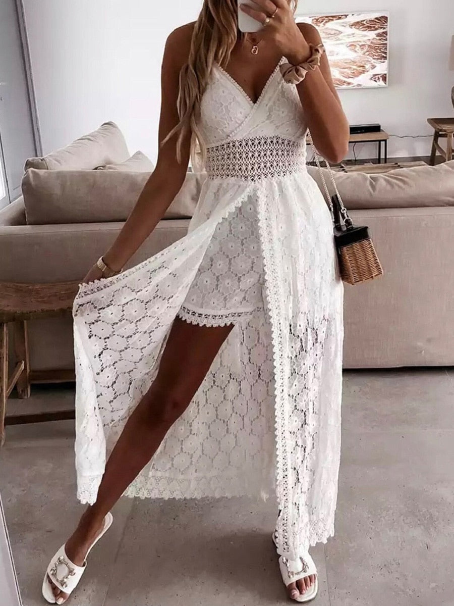 Summer V Neck Solid Color Lace Hollow-Out Sleeveless Sling Party Wear High Waist Rompers Holiday Casual White Women's Jumpsuit