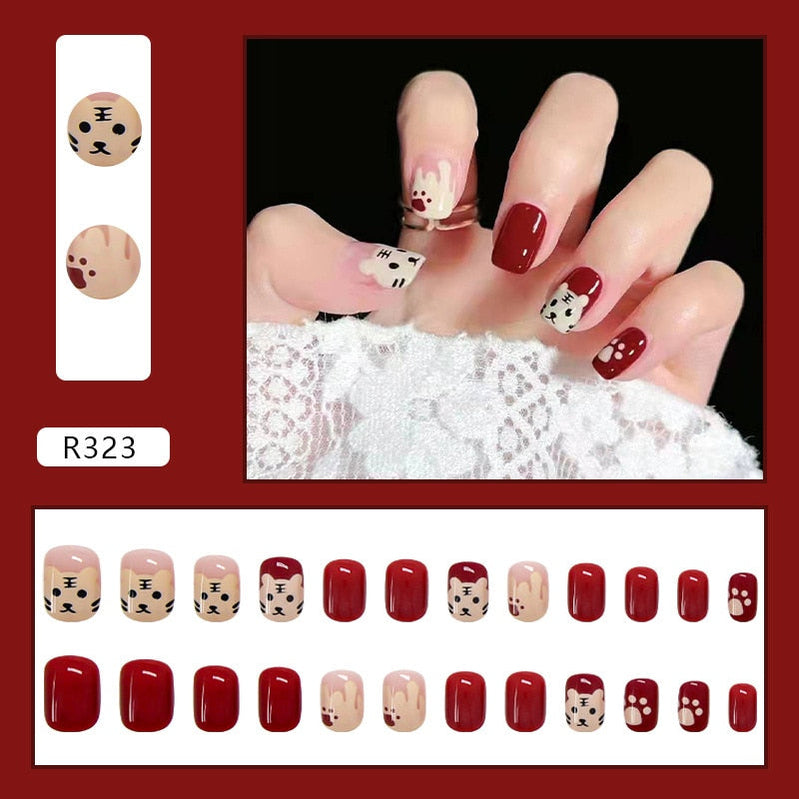 24Ps Childlike Fake Nails With Glue Cute Kawaii Personality Stick On Nails False Girls Short Press On Nail Art DIY Manicure Tool Nails With Glue R323