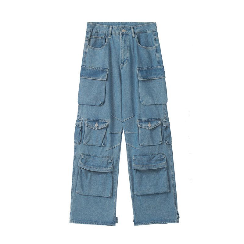 Pocket Solid Color Overalls Jeans Women's Y2K Street Retro Loose Wide-Leg Overalls Couple Casual Joker Mopping Jeans Pants Women