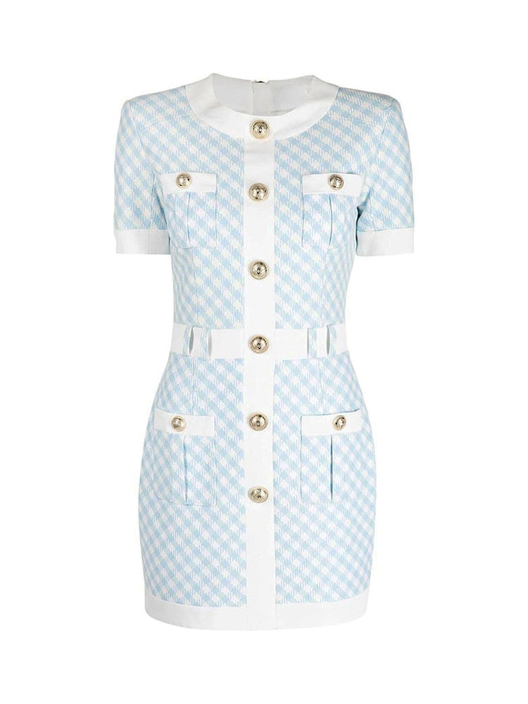 HIGH STREET Newest Fashion Fall Winter Designer Women's Short Sleeve Lion Buttons Color Block Plaid Tweed Dress