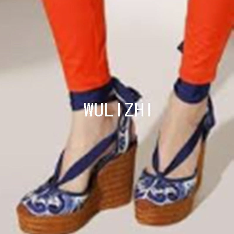 Women Woven Wedge Sandals Blue White Flower Print Graffiti Straw Butterfly Hollow High Heels Ankle Ribbon Wrapping Casual Shoes