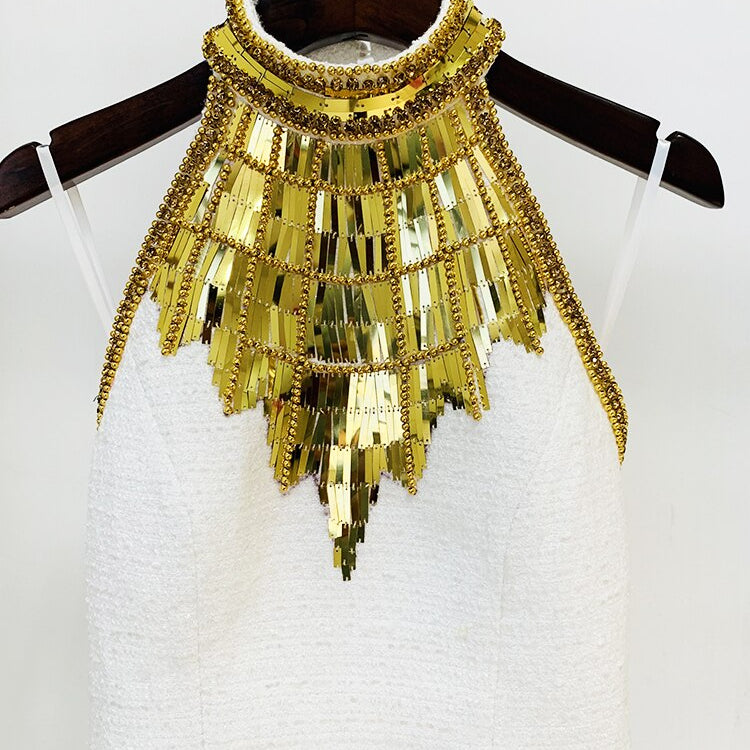 HIGH STREET Newest Fashion Designer Tops Women's Stunning Metallic Diamonds Beaded Halter Neck Tweed Camis Tank Tops