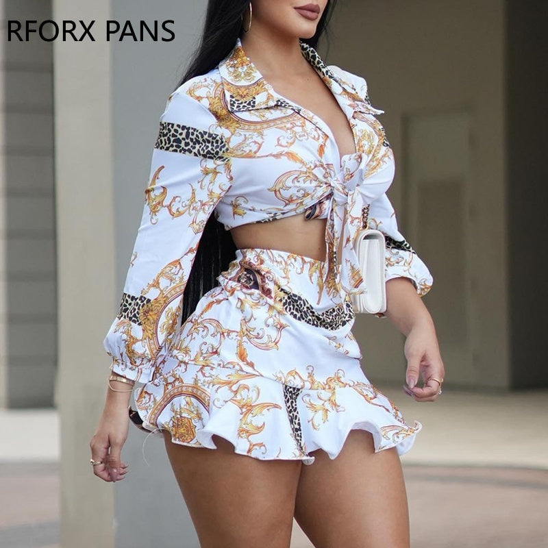 Spring Elegant Allover Print Shirt & Sexy Mini Skirt Sets Women Suits White