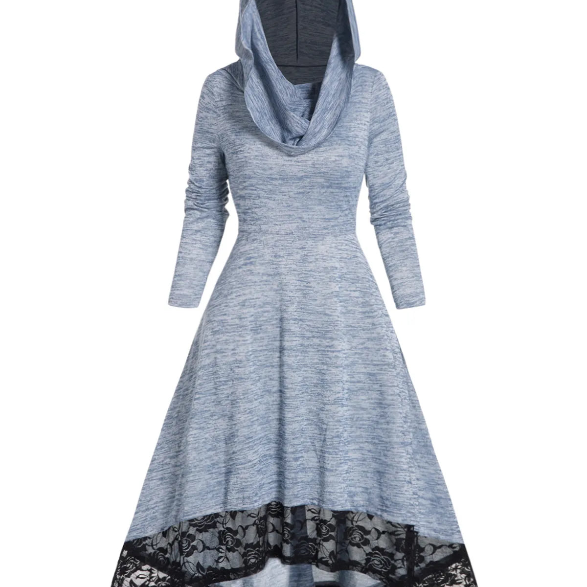 Autumn Space Dye Hooded Dress Flower Lace Panel High Waisted Long Sleeve High Low One Piece Midi Long Dresses For Women