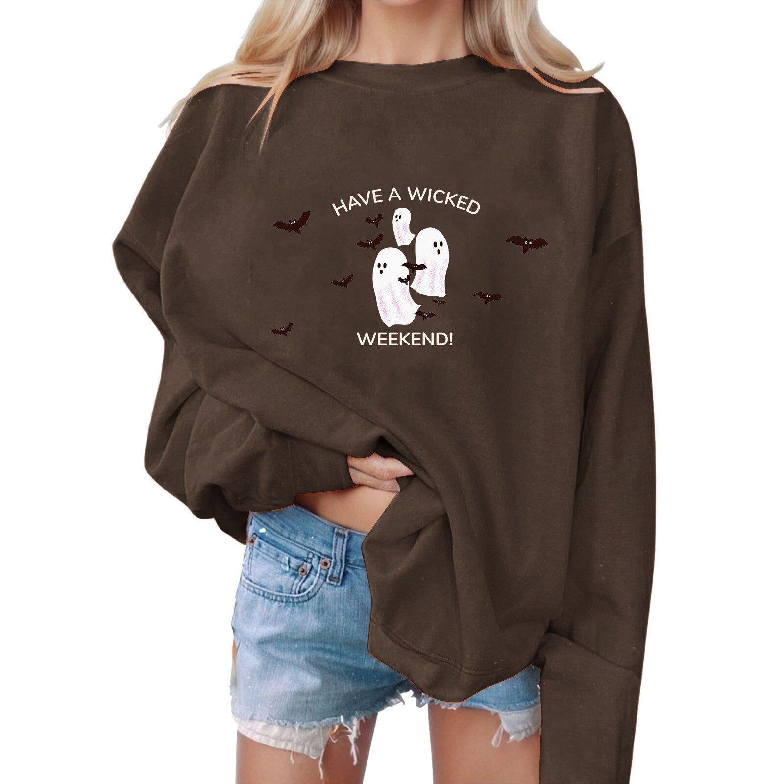 Monsters Printing Sweatshirt Halloween Sweatshirts Grimace Sweater Round Neck Women Sweatshirts Long Sleeve Vacation Sudadera Coffee