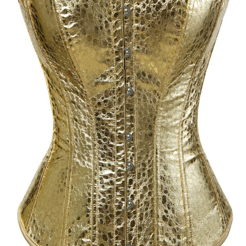 Female Faux Leather Corsets Steampunk Gothic Punk Corset Sexy Lingerie Bustiers Top Burlesque Plus Size Nightclub Costume Gold
