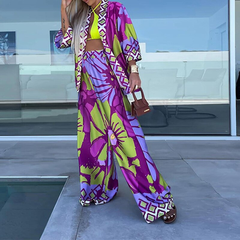 Fashion Casual Bohemia Print Loose Beach Set Spring Wide Leg Long Pants Suits Autumn Women Quarter-Sleeved Cardigan Shirt Outfit