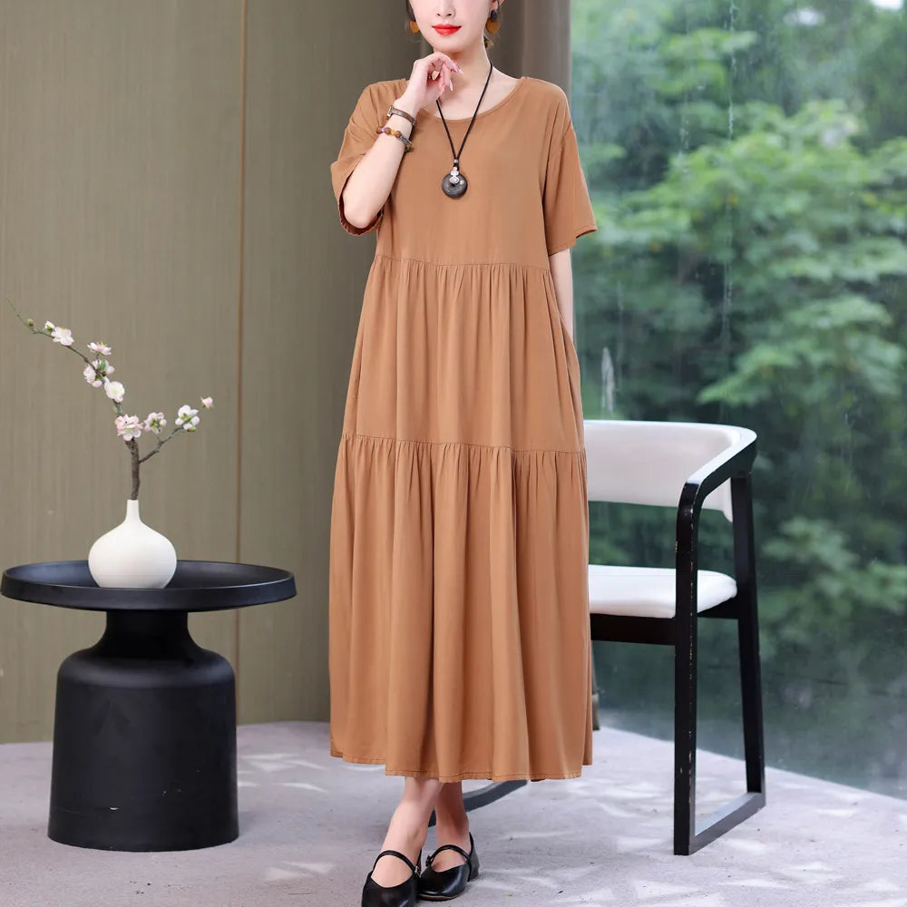 New Fashion Causal Summer Dresses For Women Loose Solid Long O-neck Dress Vintage Short Sleeve Womens Clothing Camel