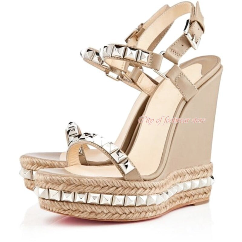Women's Open Toe Platform Stud Espadrille Wedges Sandals Ankle Strap High Heeled Pump Luxury Designer Summer Beach Shoes Red