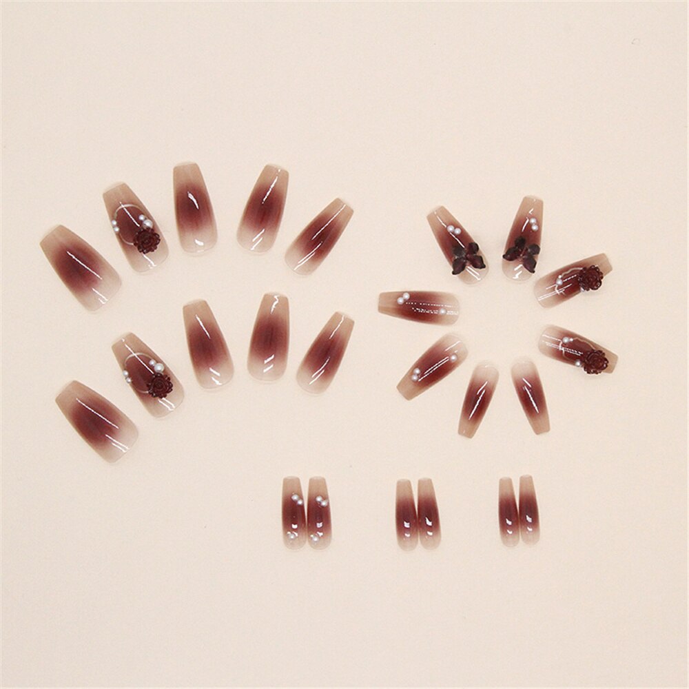 Trendy Crystal 3D Butterfly False Nail Tips Elegant Camellia Ballerina Manicure French Coffin Fake Nails Set Press on Nails
