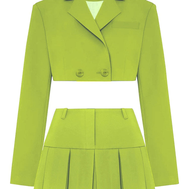 Casual Two Piece Sets Women's Fall Outfits New Black Matching Sets With Skirt And Blazer Cropped Top Suit For Women Green Suit