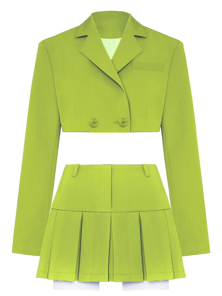 Casual Two Piece Sets Women's Fall Outfits New Black Matching Sets With Skirt And Blazer Cropped Top Suit For Women Green Suit