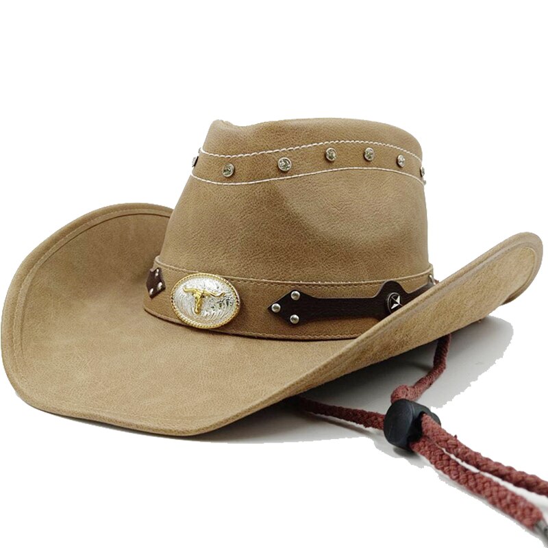 Retro Unisex Vintage Wide Brim Leather Cowboy Cowgirl Western Hat With Tassel Braid Leather Band Size 58-59CM