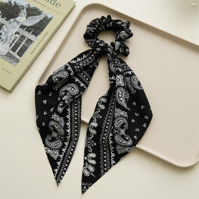 Fashion Print Chiffon Long Ribbon Scrunchies Women Girls Ponytail Scarf Elastic Hair Bands Ties Hair Accessories Wholesale 37