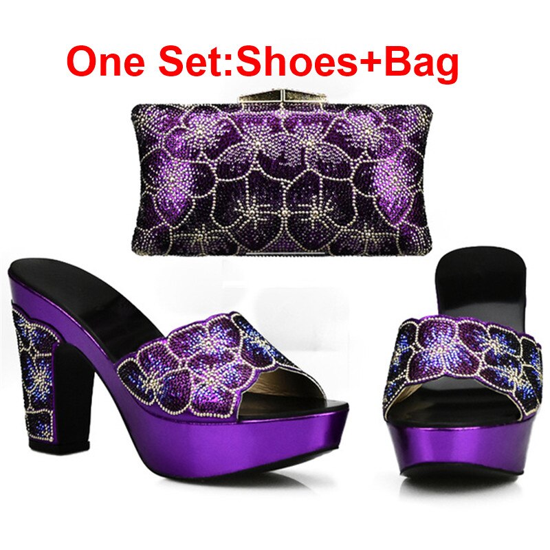 Latest Design Red Color Matching Women Shoes and Bag Set Decorated with Rhinestone African Shoe and Bag Set for Party In Women Purple Shoes and Bag