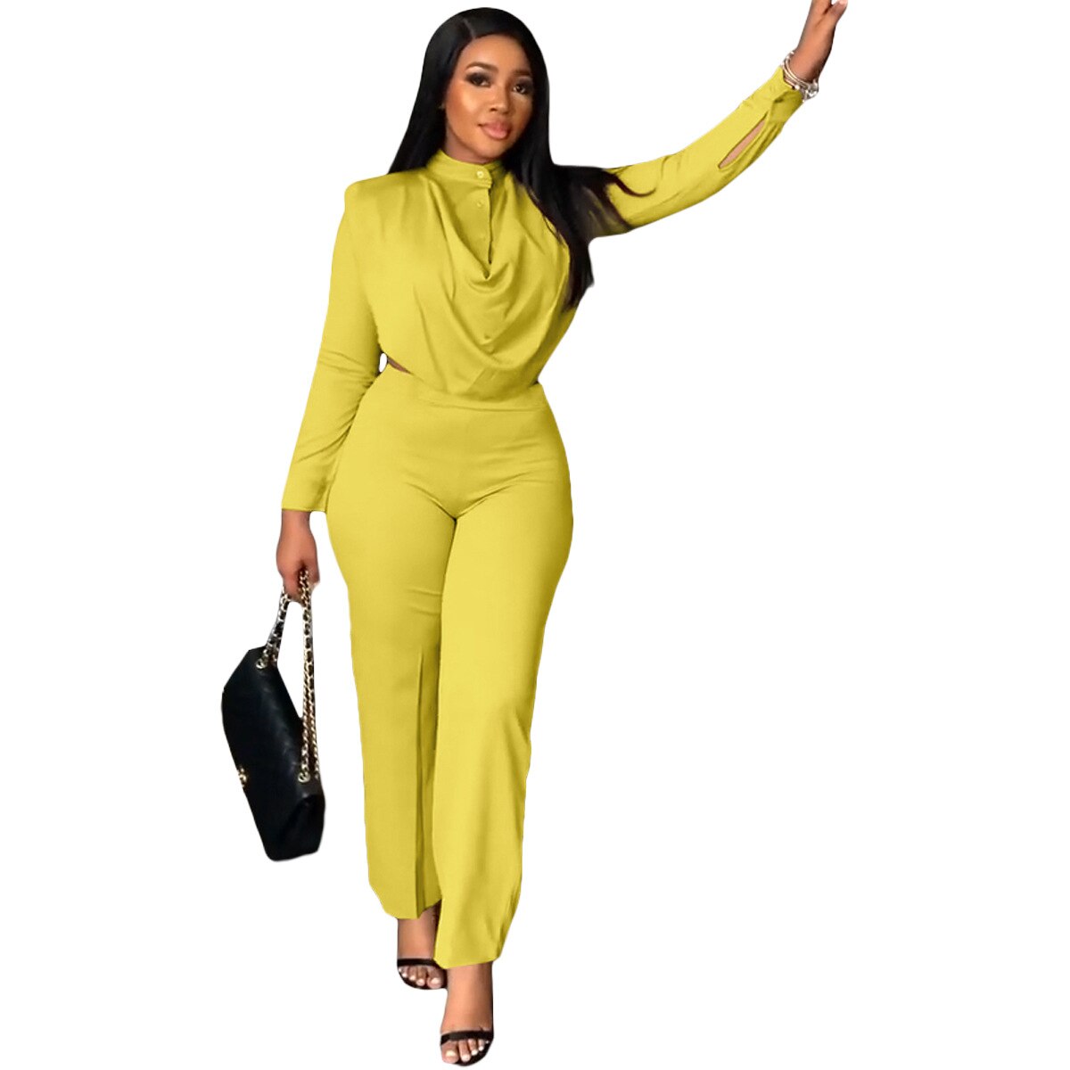 Elegant Fall Two Piece Sets Women Outfits Crop Top Office Lady Suits Plus Size Clothing 2 Piece Loungewear for Women Yellow